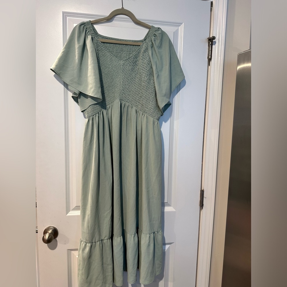 Sage Green Smocked Midi Dress - Women